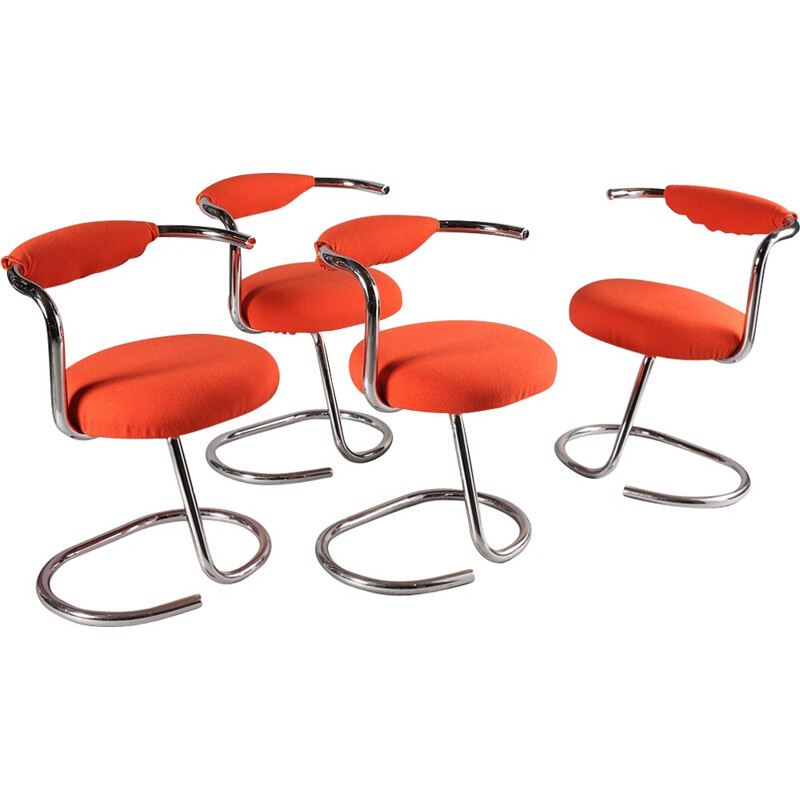 Set of 4 orange chairs in chromed metal, Giotto STOPPINO - 1970s