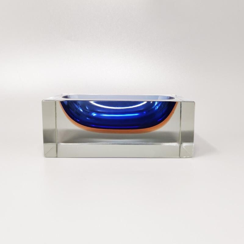 Vintage rectangular blue ashtray by Flavio Poli for Seguso, Italy 1970s