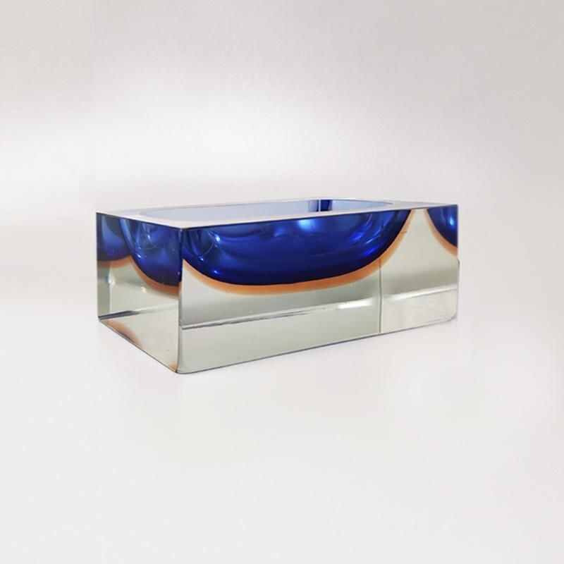 Vintage rectangular blue ashtray by Flavio Poli for Seguso, Italy 1970s