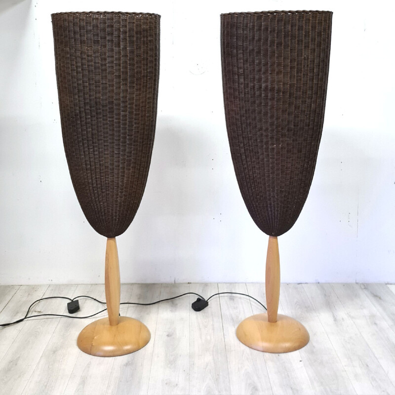 Paire de lampadaires vintage en rotin par Pierantonio Botancino, Italie 1990