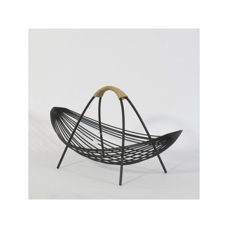 Vintage black metal and rattan fruit basket, 1950