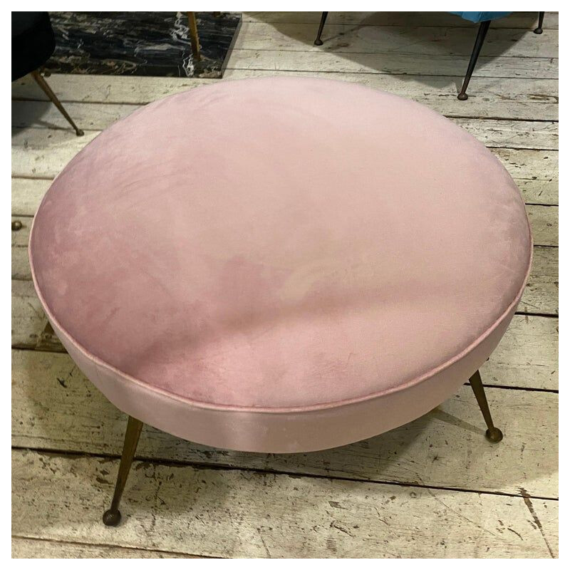 Mid-century pink velvet and brass Italian round pouf, 1950s