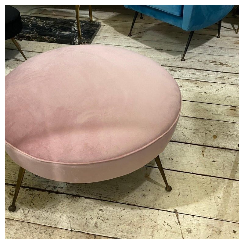 Mid-century pink velvet and brass Italian round pouf, 1950s