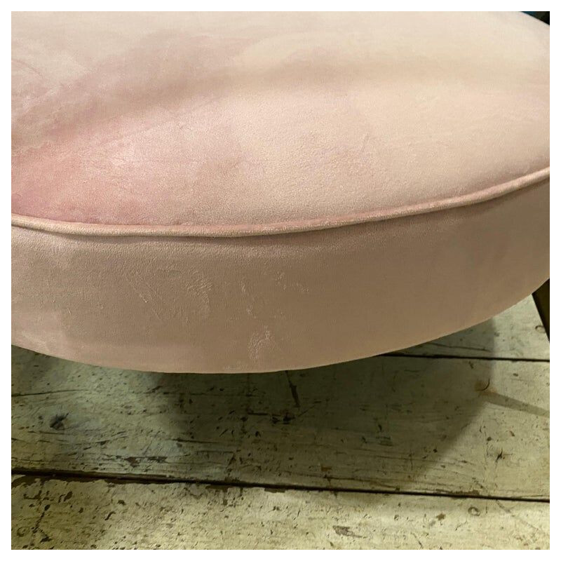 Mid-century pink velvet and brass Italian round pouf, 1950s