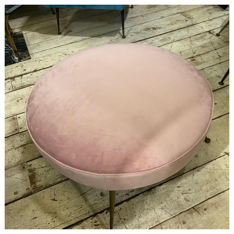 Mid-century pink velvet and brass Italian round pouf, 1950s