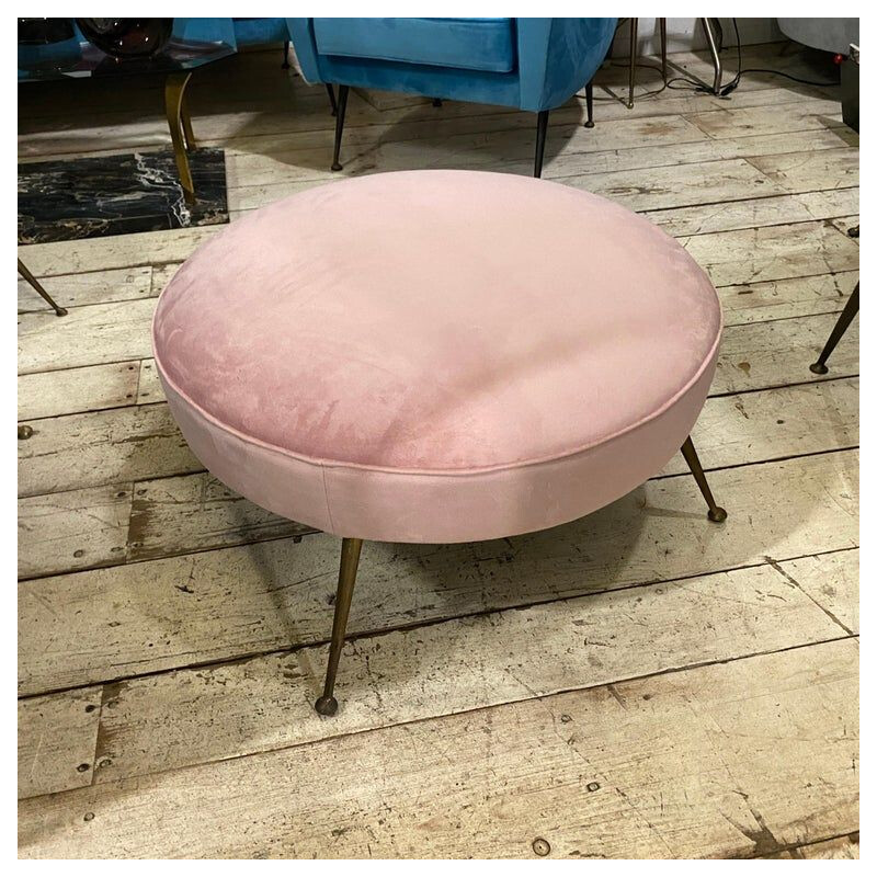 Mid-century pink velvet and brass Italian round pouf, 1950s