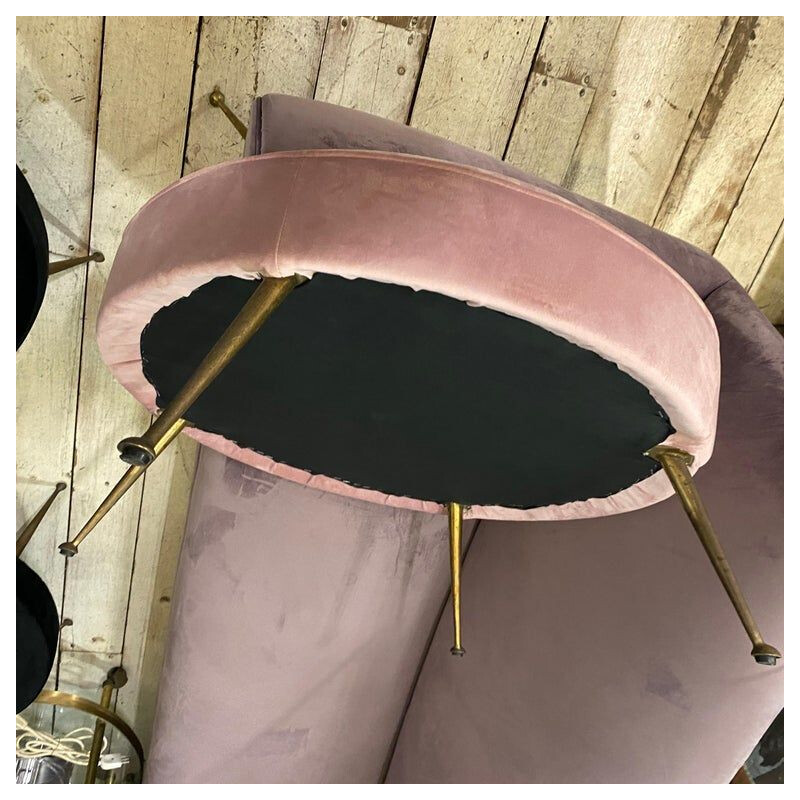 Mid-century pink velvet and brass Italian round pouf, 1950s