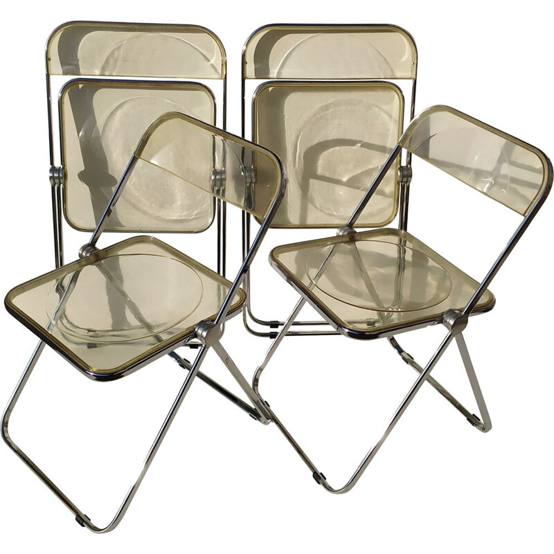 Conjunto de 4 sillas amarillas vintage Plia de Anonima Castelli