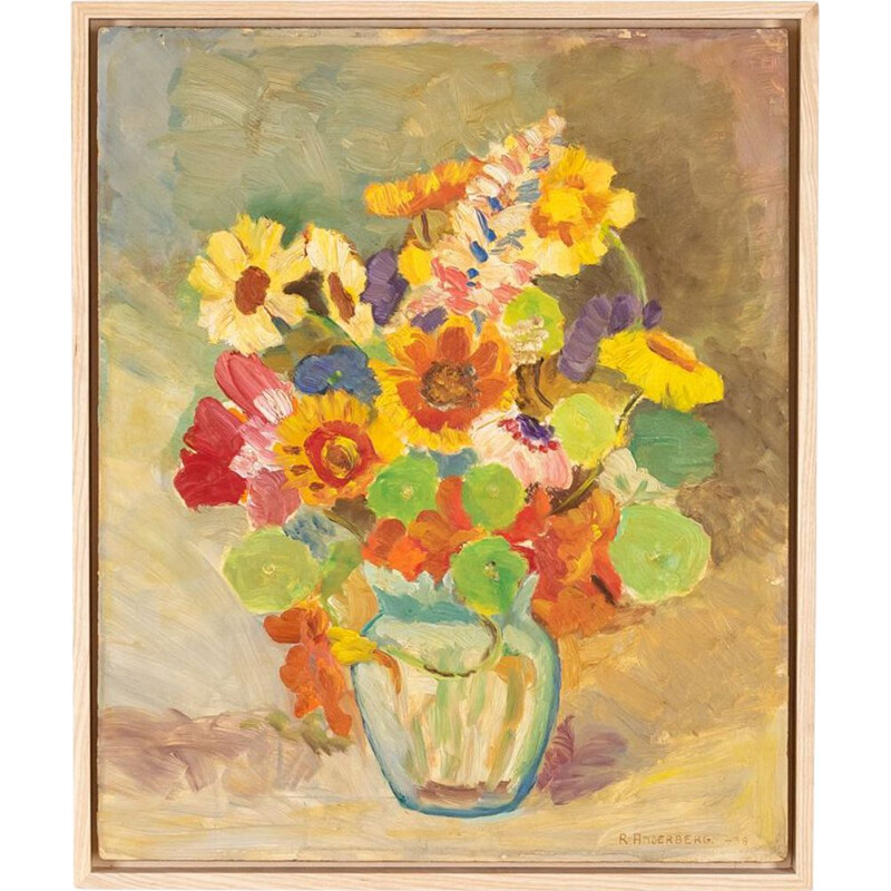 Vintage acryl "Lentebloemen" op plaat door R. Anderberg, 1938