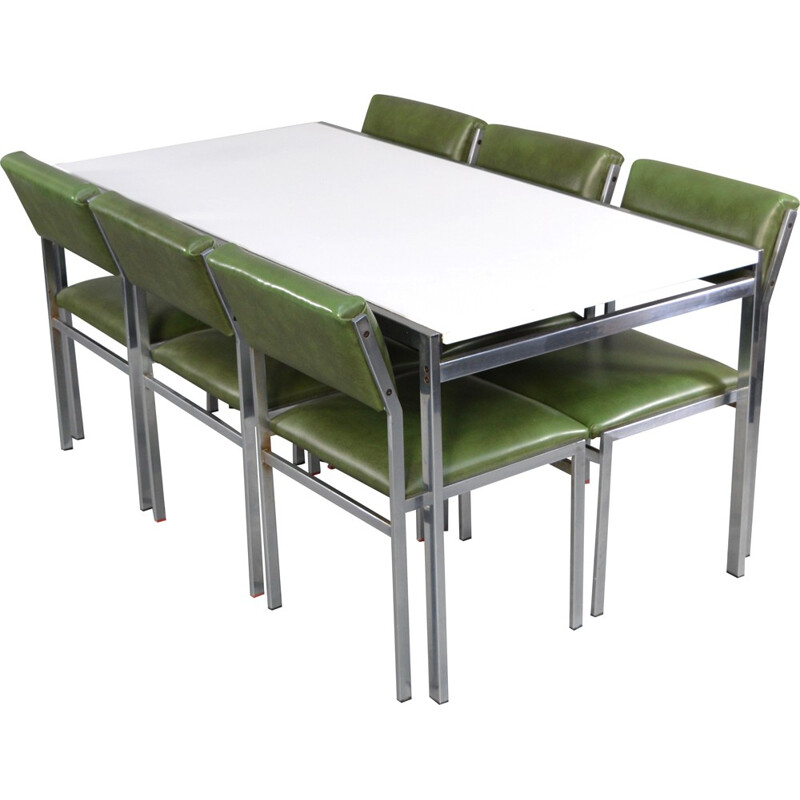 Pastoe dining set in green leatherette and metal, Cees BRAAKMAN - 1950s