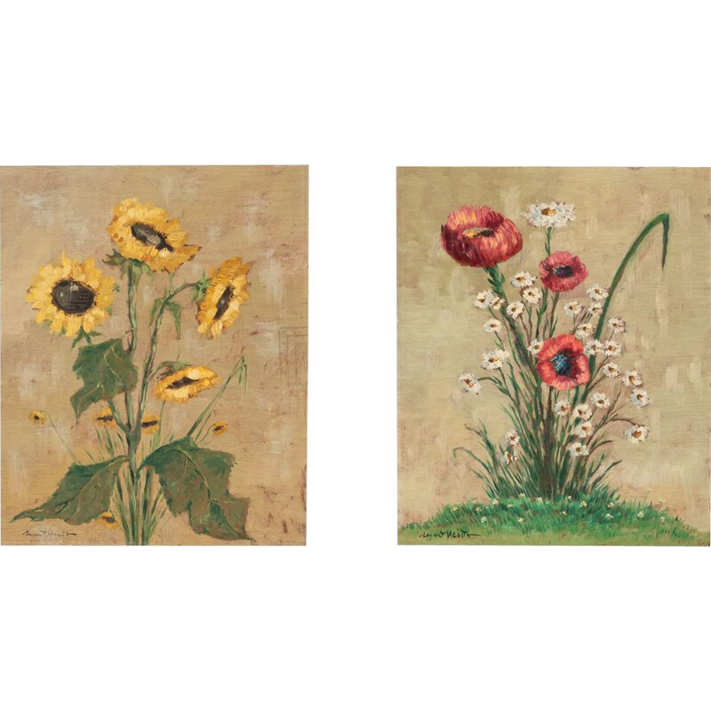 Pair of vintage oil on plate "Poppies and sun flowers", 1960