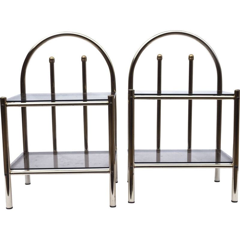 Pair of vintage brass and smoked glass bedside tables, 1980