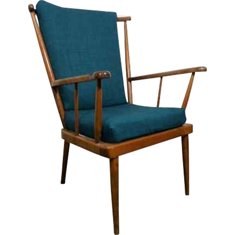 Vintage Baumann chair in wood and blue fabric - 1960s