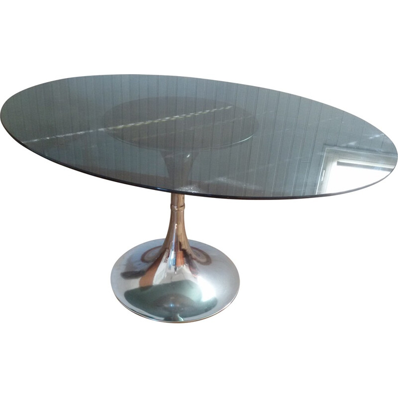 Table with tulip base in chrome and gray glass - 1970s