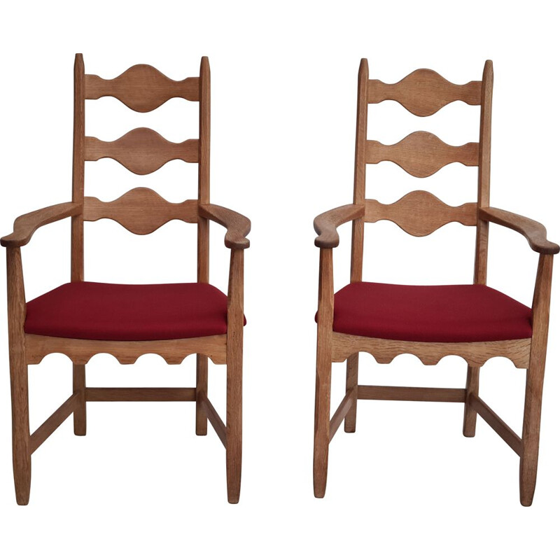 Pair of vintage Danish armchairs in oak wood by Henning Kjærnulf, 1960s