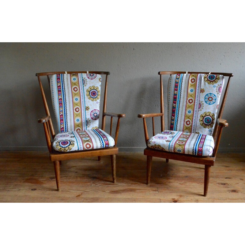 Pair of Baumann armchairs with patterned cushions - 1950s