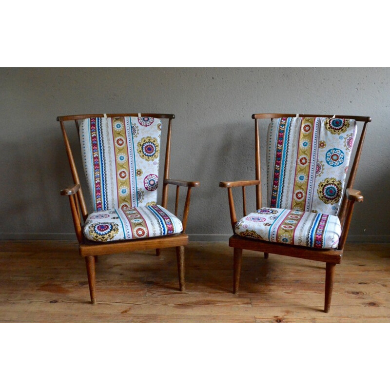 Paire de fauteuils Baumann avec coussins à motifs - 1950
