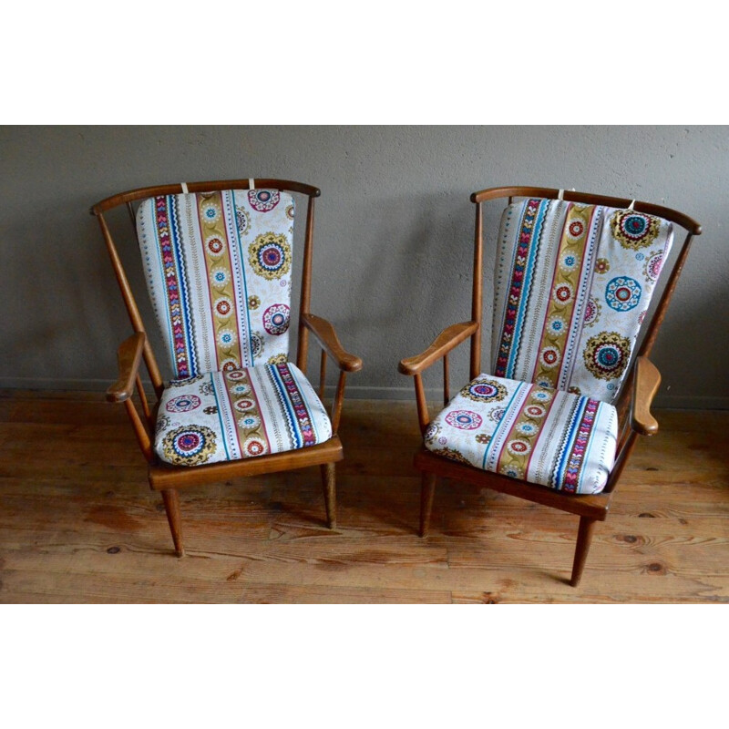 Pair of Baumann armchairs with patterned cushions - 1950s