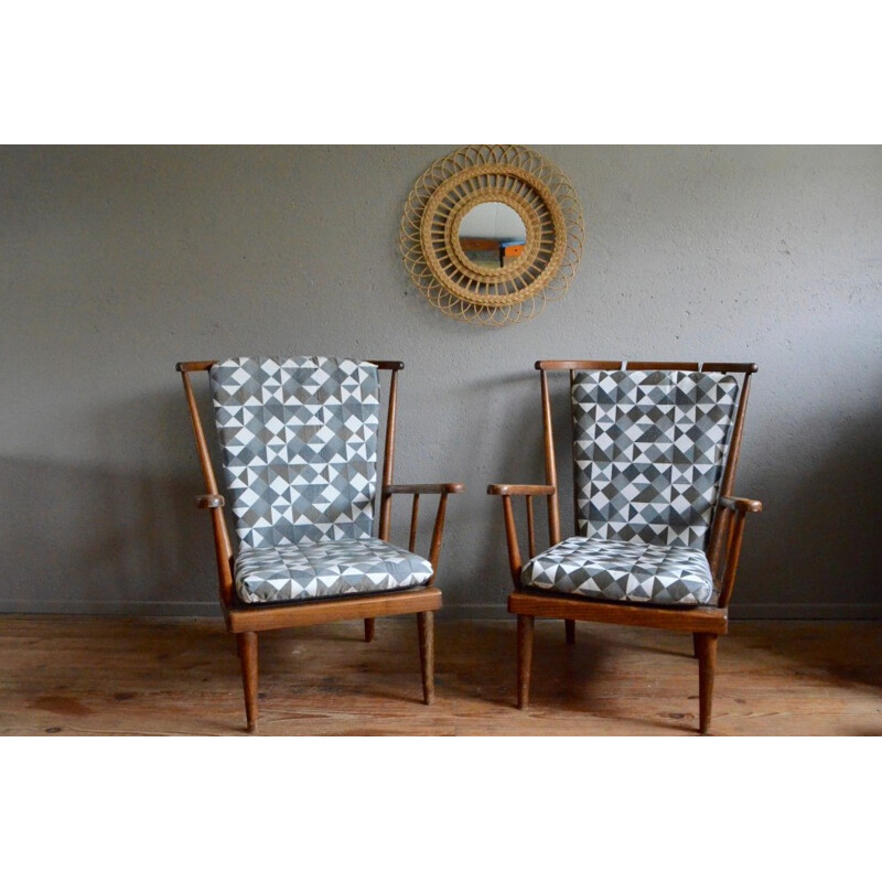 Pair of Baumann armchairs with geometric patterned fabric - 1950s