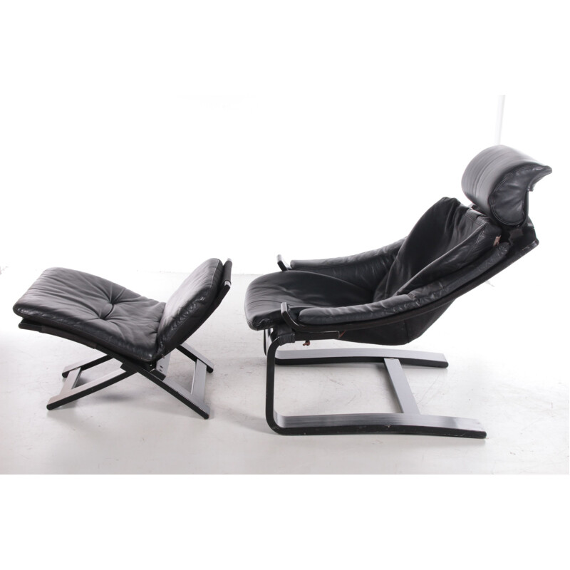 Fauteuil et ottoman noirs vintage par Ake Fribytter pour Nelo, Suède 1970