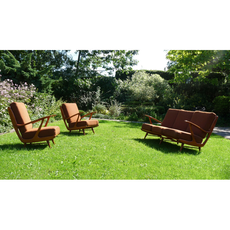 Living room set in beech and dark brown wool - 1970s