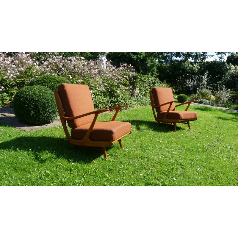 Living room set in beech and dark brown wool - 1970s