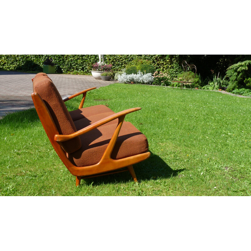 Living room set in beech and dark brown wool - 1970s