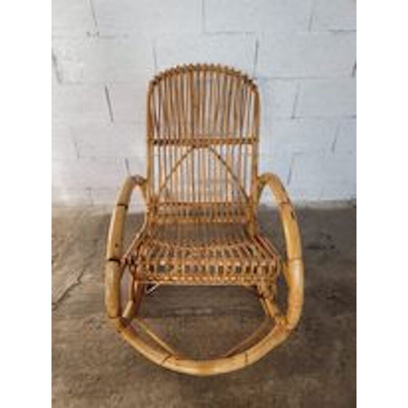 Sedia a dondolo in rattan vintage, 1950