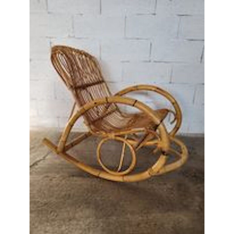 Sedia a dondolo in rattan vintage, 1950