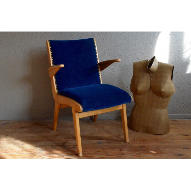Vintage armchair in blue velvet - 1950s