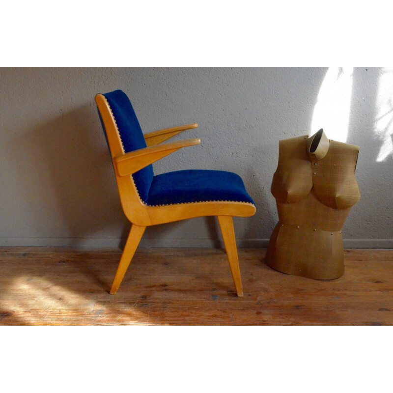 Fauteuil moderniste en velours bleu - 1950