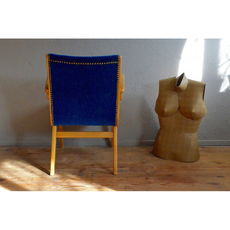 Vintage armchair in blue velvet - 1950s