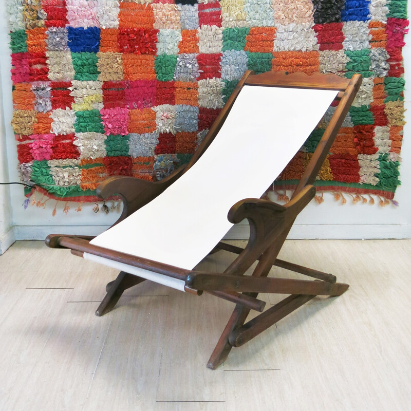 Chaise longue en tissu beige et bois - 1930
