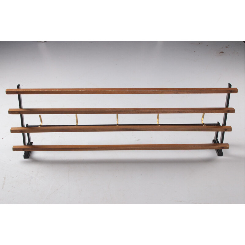 Vintage wall coat rack in teak wood with black metal, 1960s