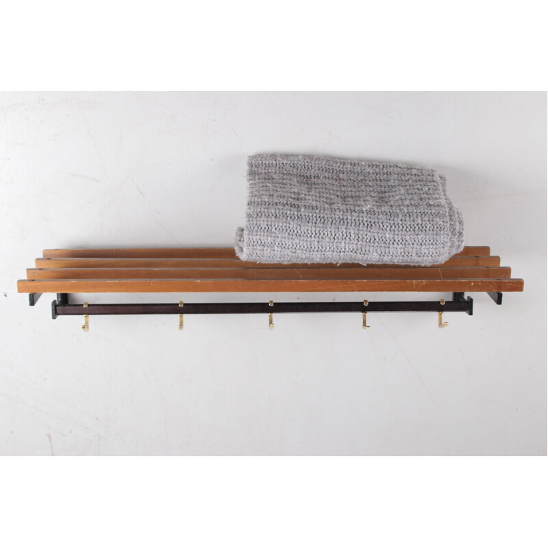 Vintage wall coat rack in teak wood with black metal, 1960s