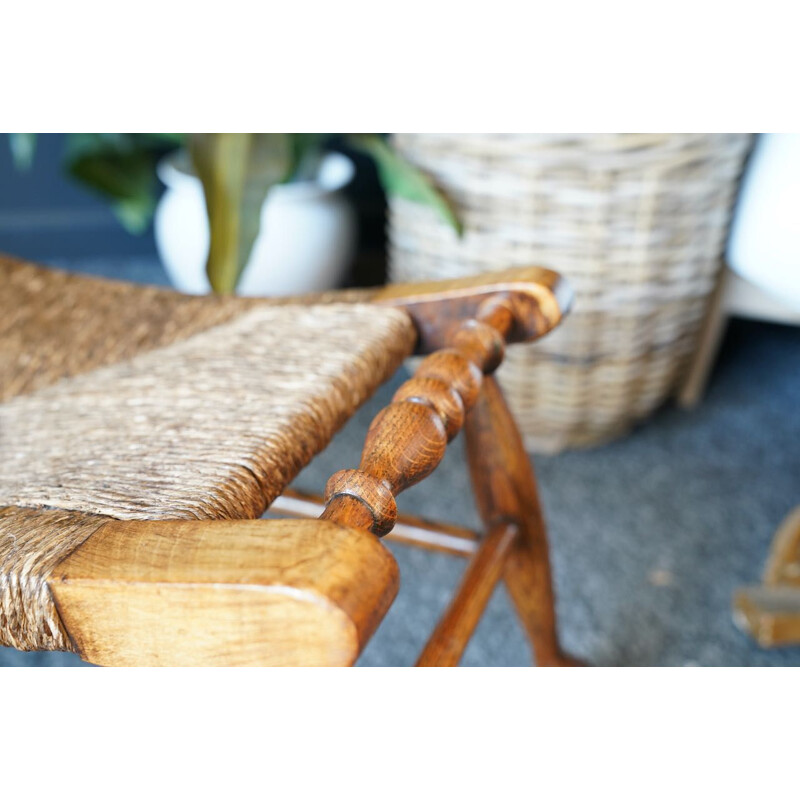 Vintage Arts & Crafts solid oakwood & wicker rattan woven footrest