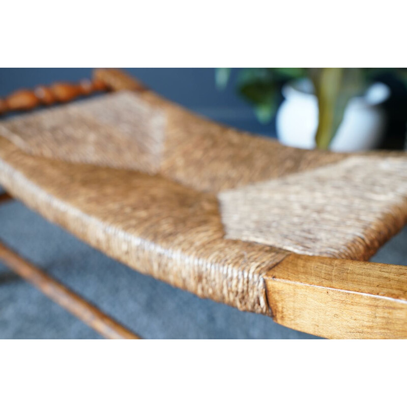 Repose-pieds Arts & Crafts vintage en bois de chêne massif et rotin tressé