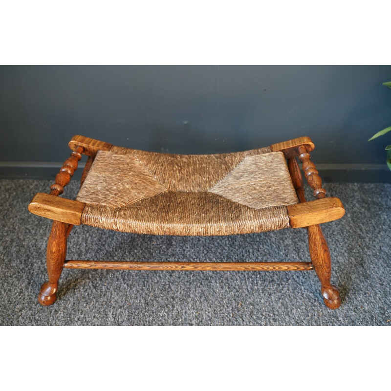 Vintage Arts & Crafts solid oakwood & wicker rattan woven footrest