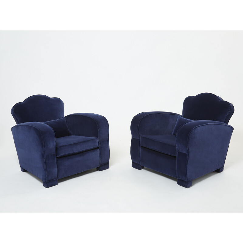Pair of midnight blue velvet club chairs by Jules Leleu, 1940s