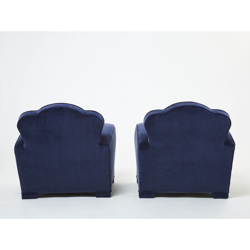 Paire de fauteuils clubs velours bleu nuit par Jules Leleu, 1940