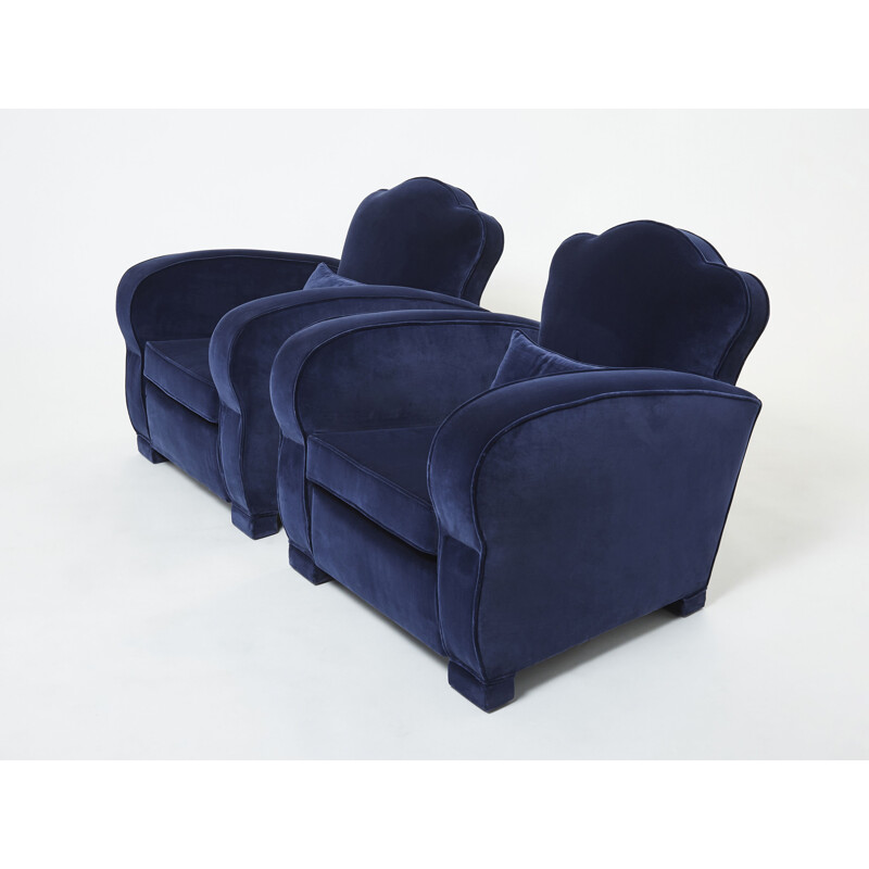 Pair of midnight blue velvet club chairs by Jules Leleu, 1940s