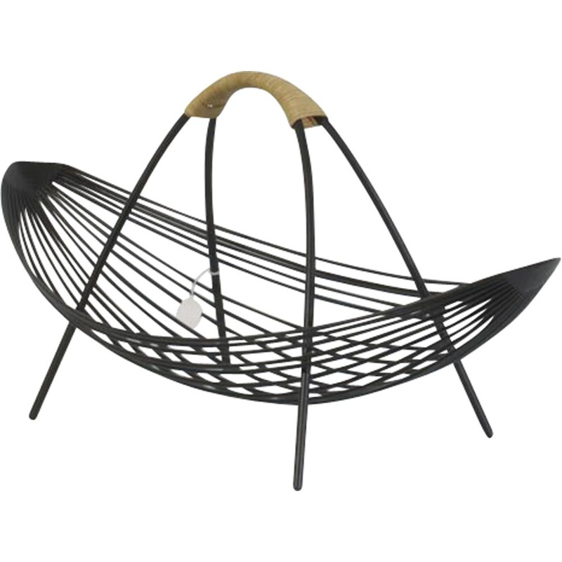 Vintage black metal and rattan fruit basket, 1950