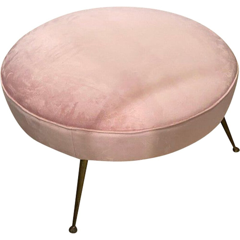 Mid-century pink velvet and brass Italian round pouf, 1950s