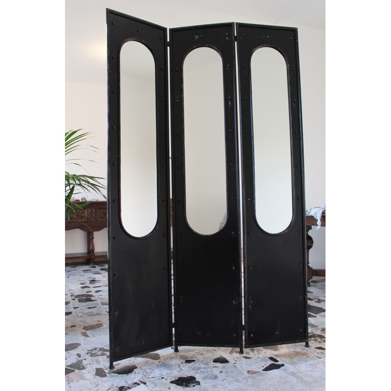 Vintage black lacquered metal screen with 3 doors and mirrors, Italy 1980s