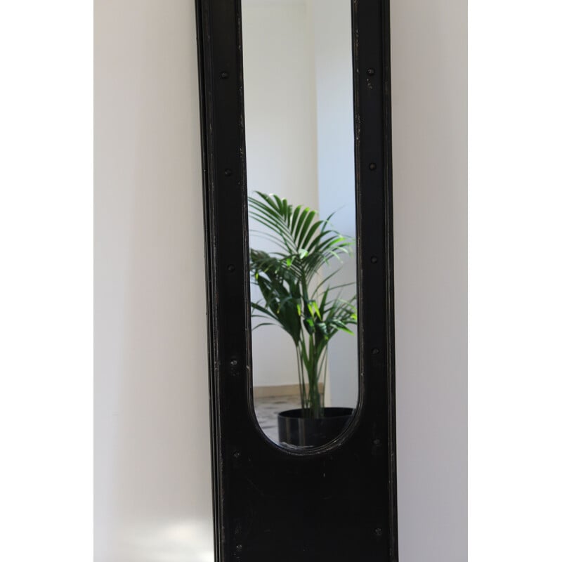 Vintage black lacquered metal screen with 3 doors and mirrors, Italy 1980s