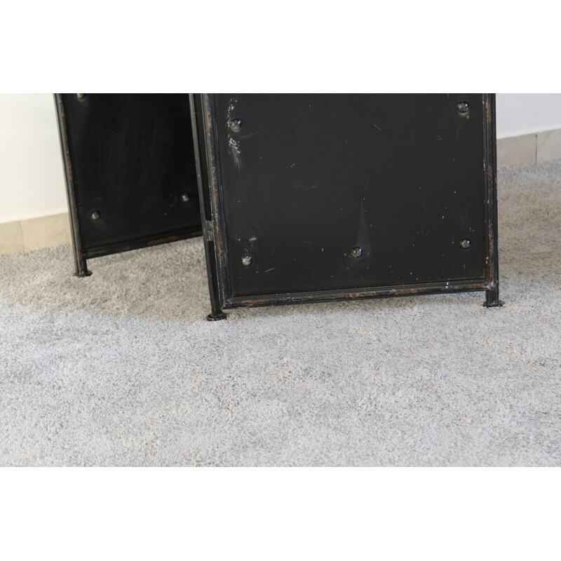 Vintage black lacquered metal screen with 3 doors and mirrors, Italy 1980s