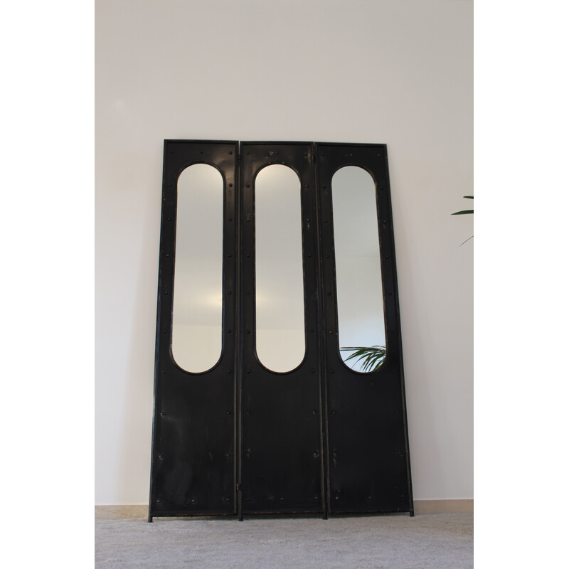Paravent vintage en métal laqué noir avec 3 portes et miroirs, Italie 1980