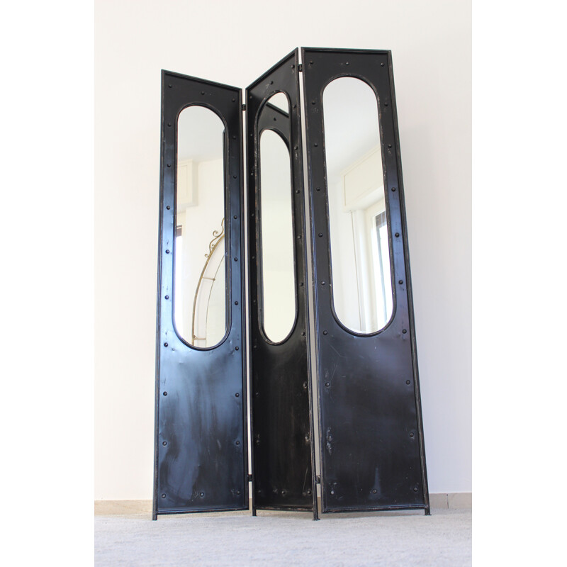 Vintage black lacquered metal screen with 3 doors and mirrors, Italy 1980s