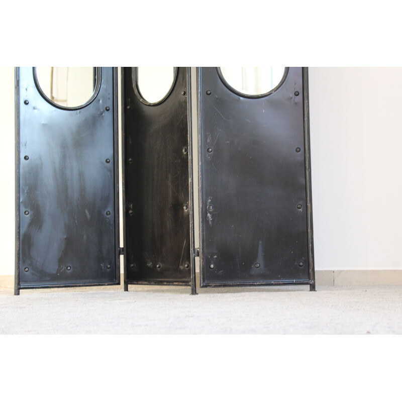 Vintage black lacquered metal screen with 3 doors and mirrors, Italy 1980s