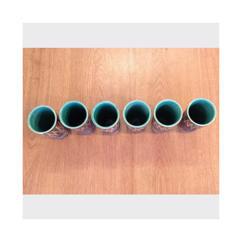 Orangeade set of cups in ceramic, R. Jacquin CAPBRETON - 1950s